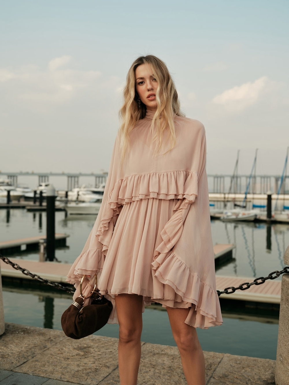 Commense Semi-Sheer Chiffon Ruffle Dress With Outer Cape Medium - Picture 4 of 7